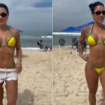 Rayane Figliuzzi aproveita dia de sol com o filho e esbanja estilo na praia